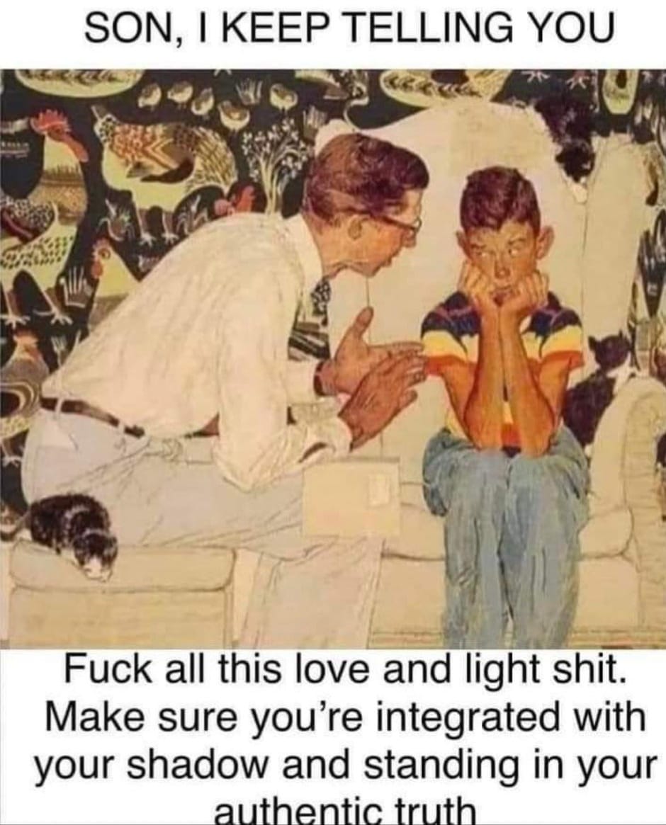 The meme is a humorous image of a father-son conversation, where the father is telling his son to "f**k all this love and light s**t" and to "make sure you're integrated with your shadow and standing in your authentic truth." The image is a satirical commentary on the popular New Age and self-help movement, poking fun at the idea of self-acceptance and self-improvement. The text is a tongue-in-cheek response to the typical advice-giving and self-help literature that is often used in the New Age movement.